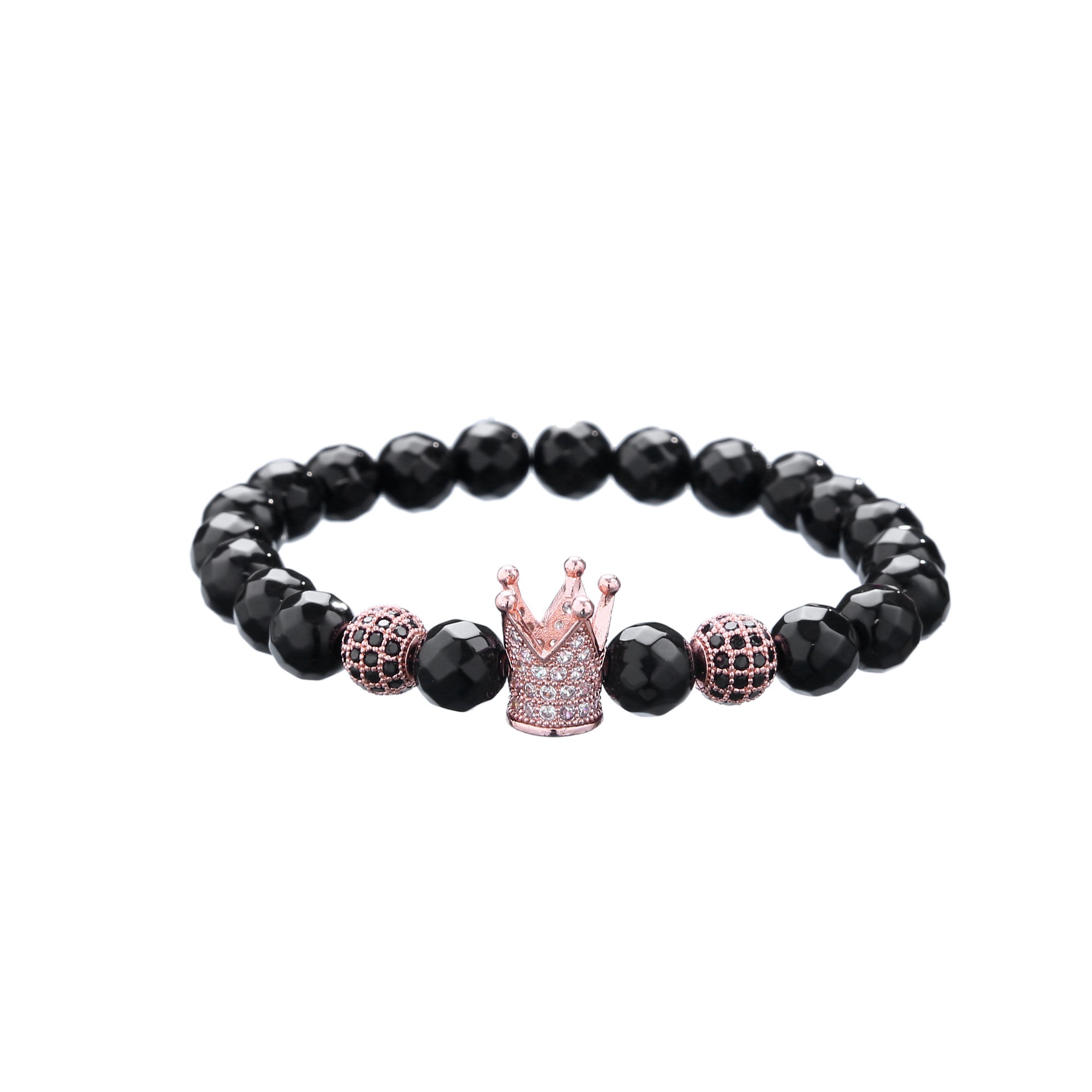 3 Black Ball Natural Faceted Black Agate Rose Gold Ball Zircon Crown Bracelet