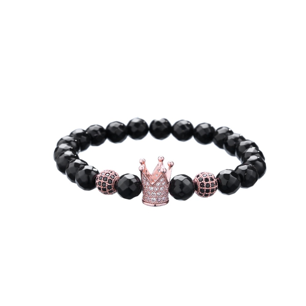 3 Black Ball Natural Faceted Black Agate Rose Gold Ball Zircon Crown Bracelet