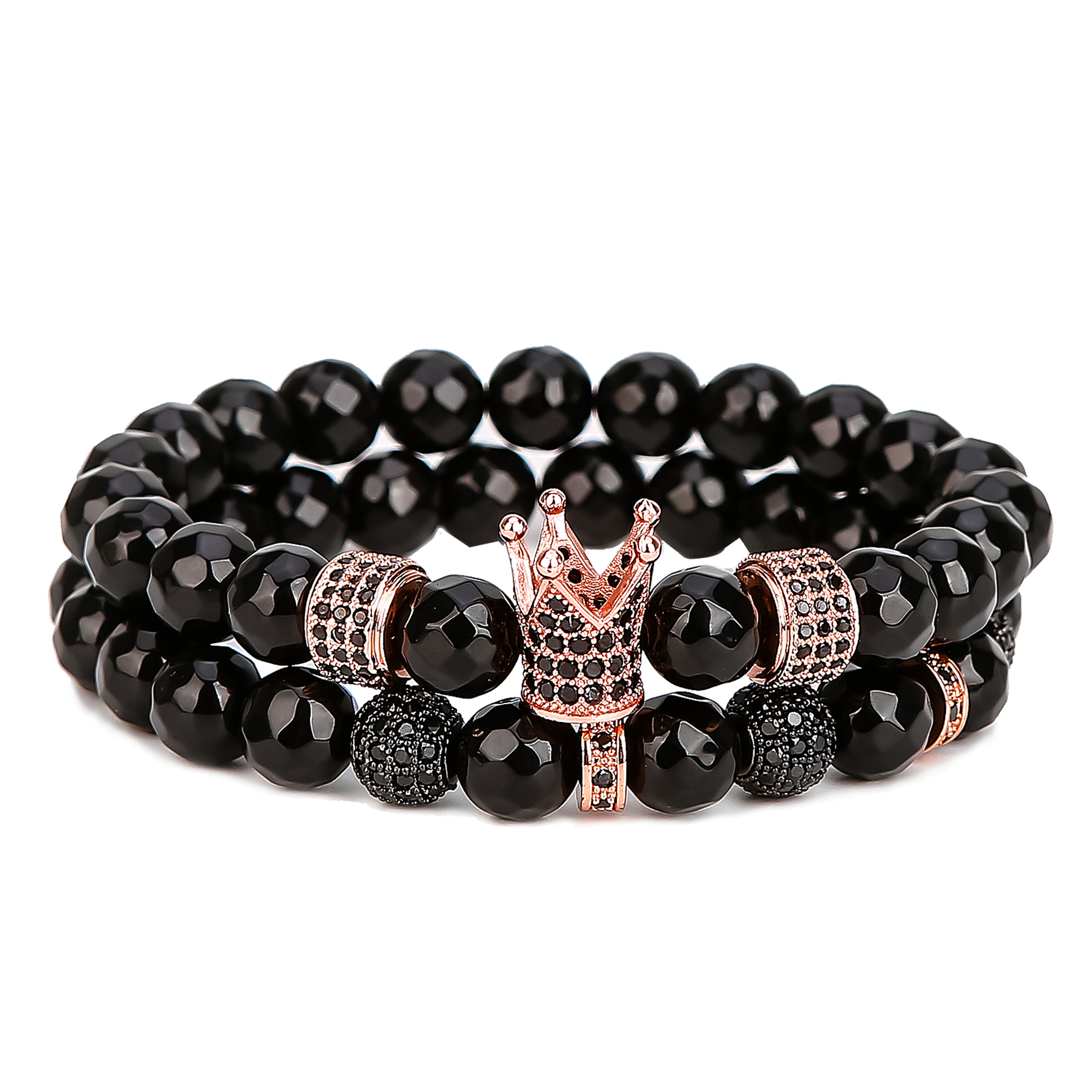 Fashion 3 Ball Spacer Faceted Black Onyx Rose Gold Oval Zircon Crown Bracelet