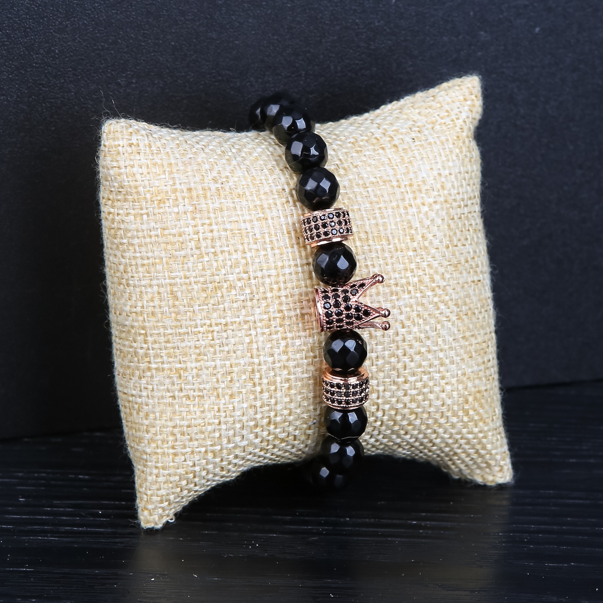 Fashion Faceted Black Onyx Rose Gold Oval Zircon Crown Bracelet for Men Women