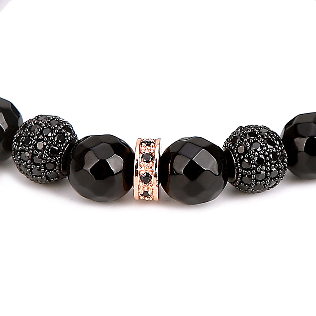 Fashion 3 Black Ball Alloy Spacer Faceted Black Agate Bracelet for Women and Men
