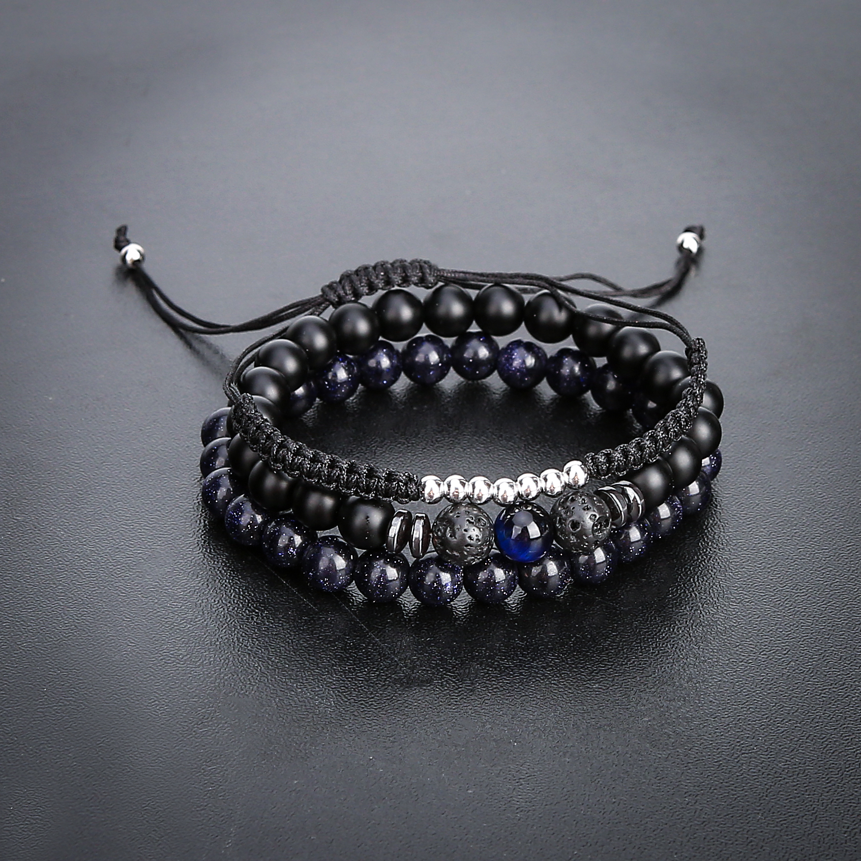 3 pcs Men Women Turquoise Black Lava Rock Stone Bead Charm And Leather Bracelet