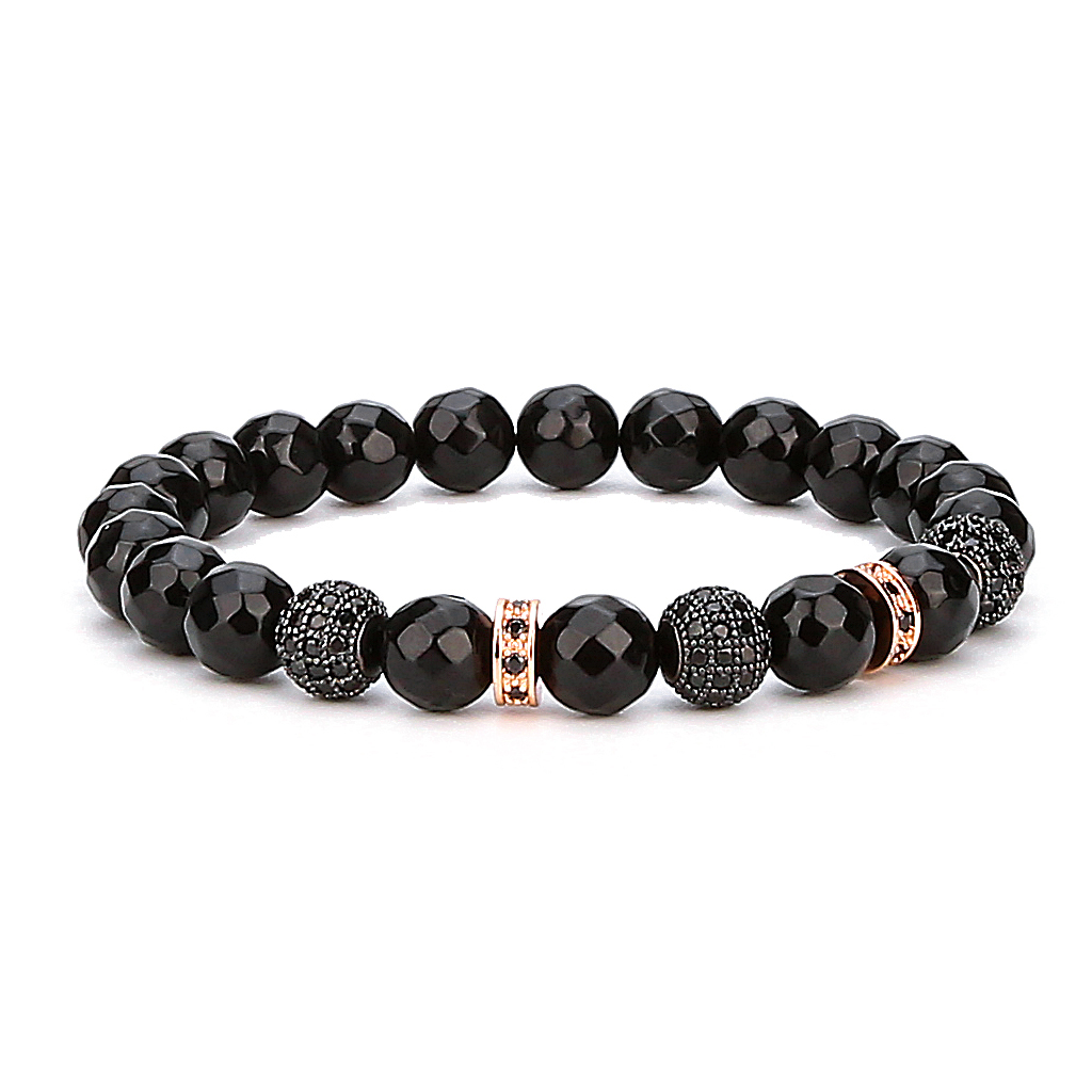 Fashion 3 Black Ball Alloy Spacer Faceted Black Agate Bracelet for Women and Men
