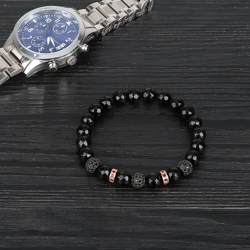 Fashion 3 Black Ball Alloy Spacer Faceted Black Agate Bracelet for Women and Men