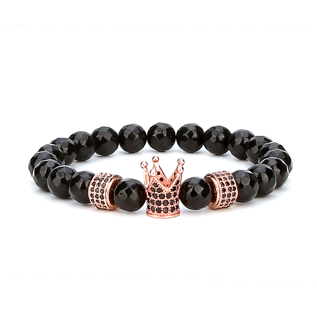 Fashion Faceted Black Onyx Rose Gold Oval Zircon Crown Bracelet for Men Women
