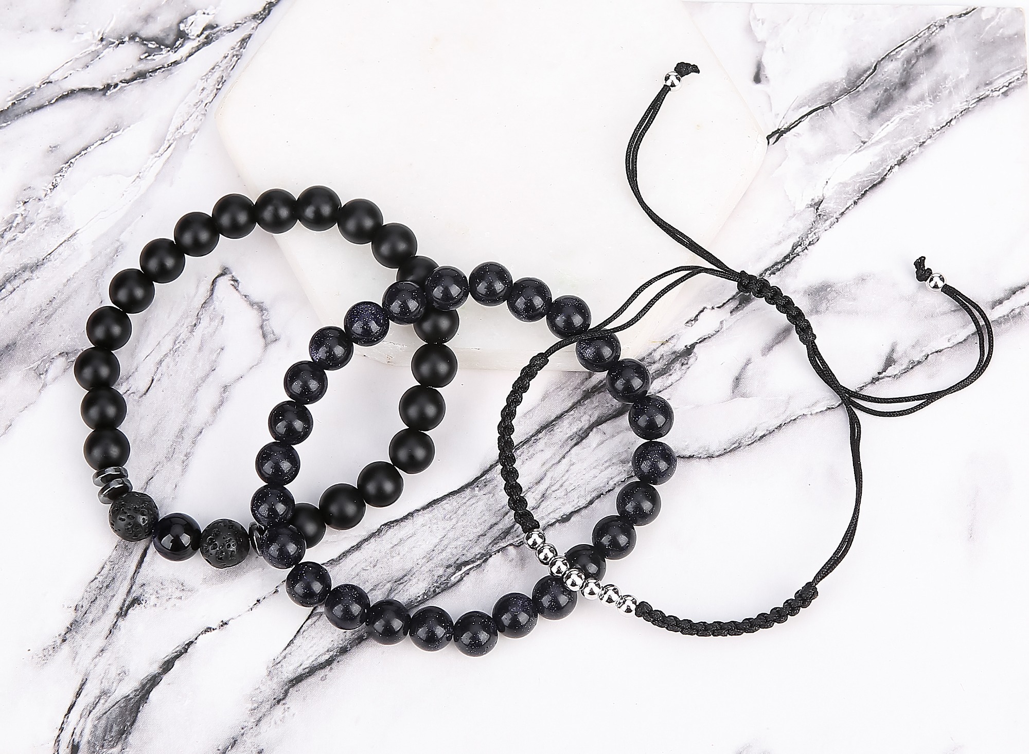 3 pcs Men Women Turquoise Black Lava Rock Stone Bead Charm And Leather Bracelet