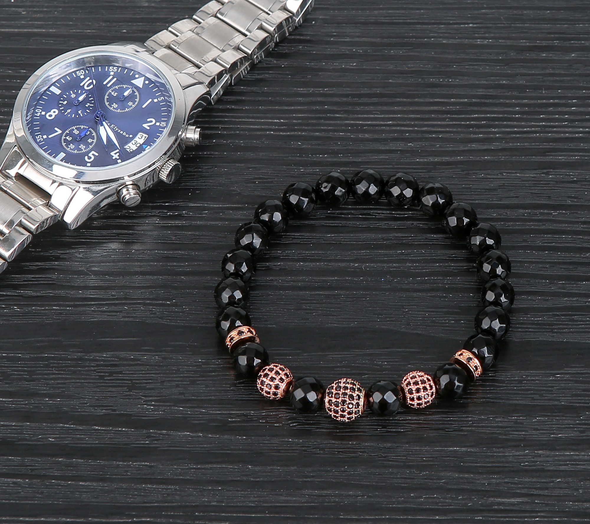 Rose Gold 3 Micro inlay zircon Faceted black agate Bracelets Woman's Jewelry