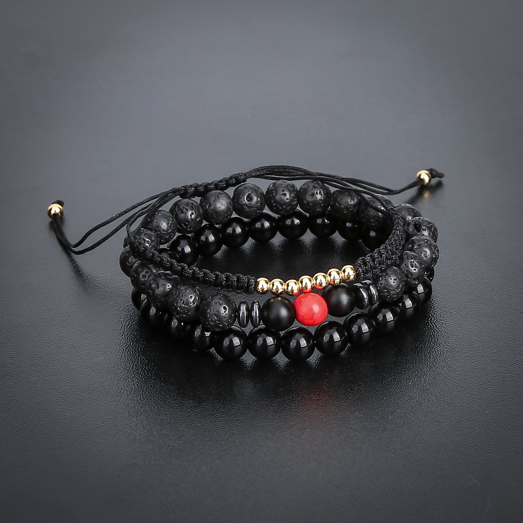 3 pcs Men Women Turquoise Black Lava Rock Stone Bead Charm And Leather Bracelet