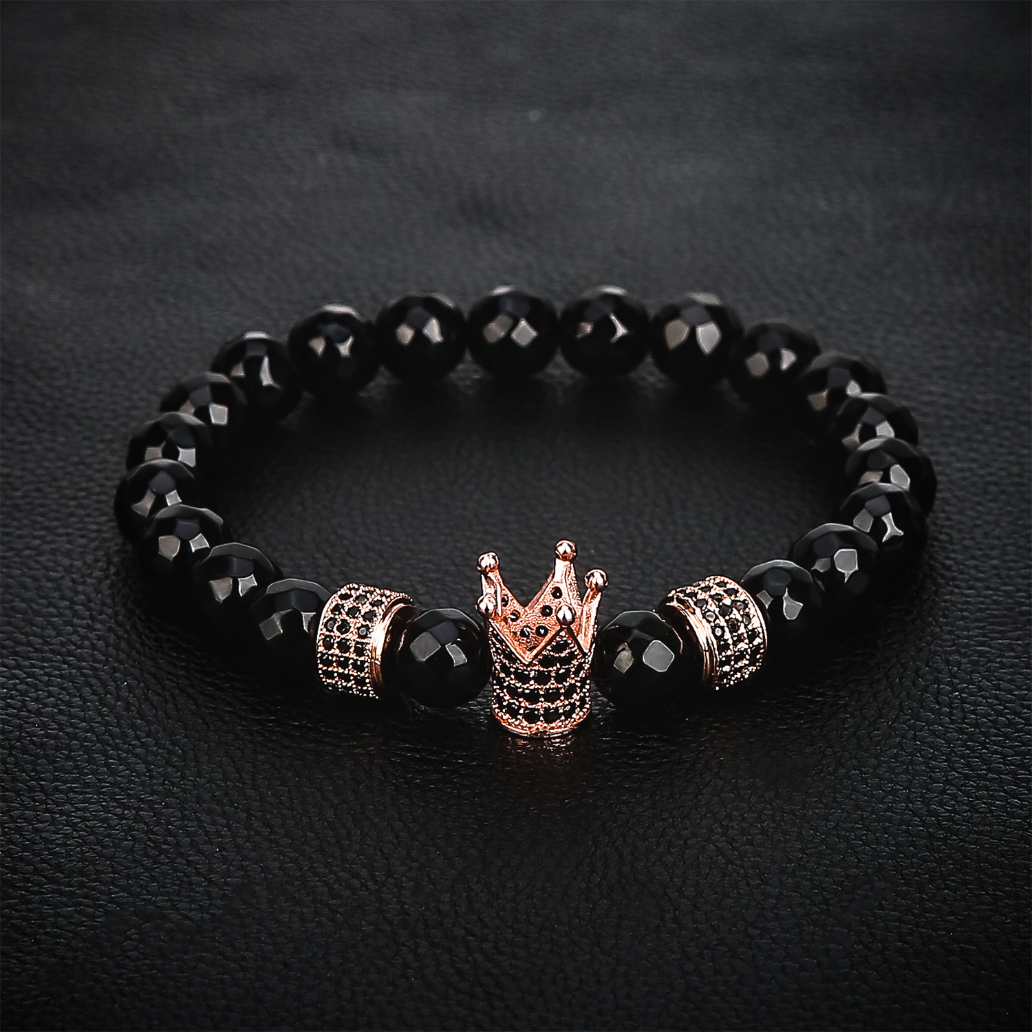 Fashion Faceted Black Onyx Rose Gold Oval Zircon Crown Bracelet for Men Women