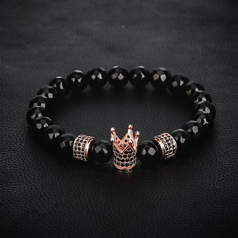 Fashion Faceted Black Onyx Rose Gold Oval Zircon Crown Bracelet for Men Women