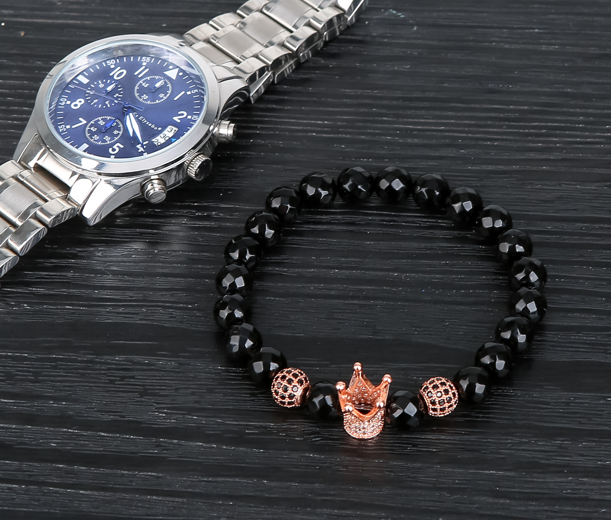 Faceted Black Agate Rose Gold Ball Zircon Crown Bracelet Man Fashion Women Fashion Gift For Women Fashion Bracelets