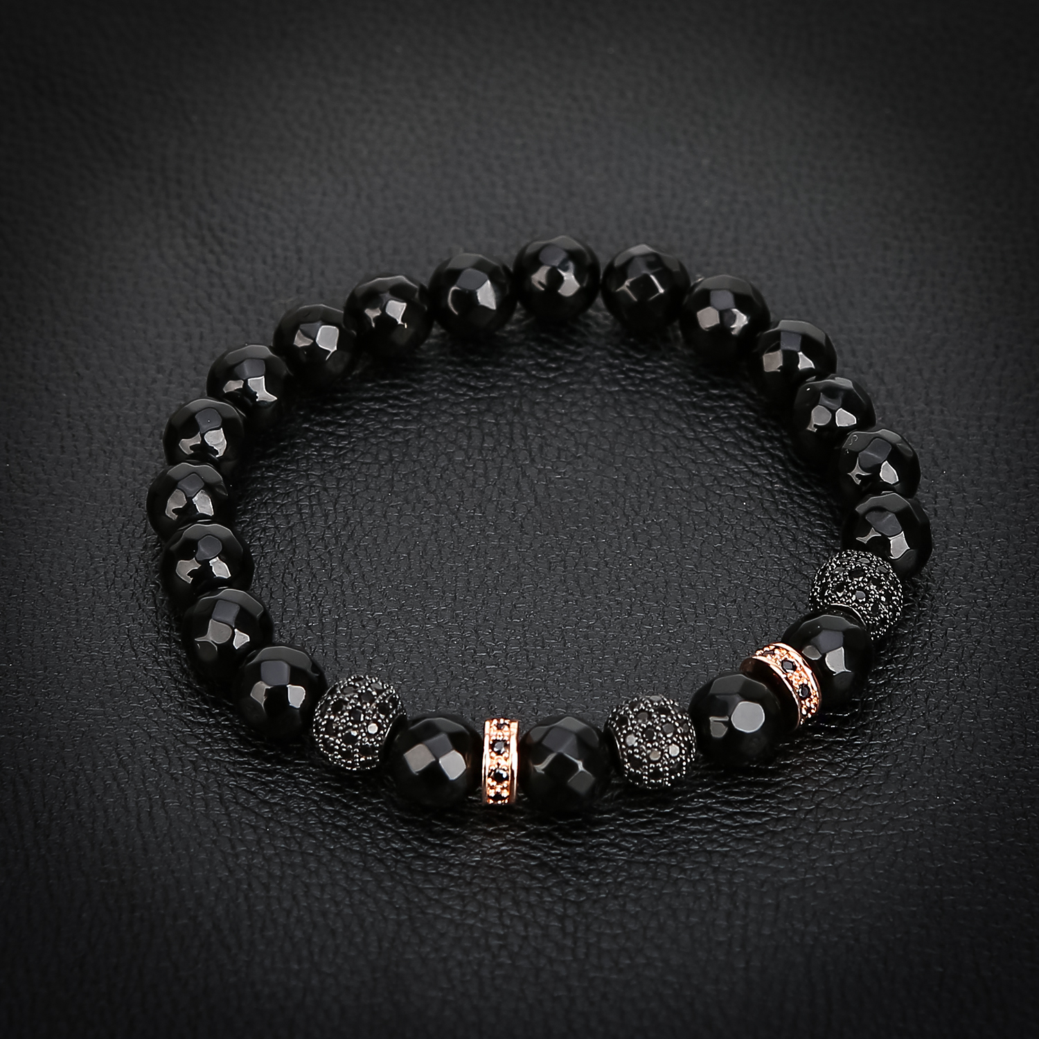 Fashion 3 Black Ball Alloy Spacer Faceted Black Agate Bracelet for Women and Men