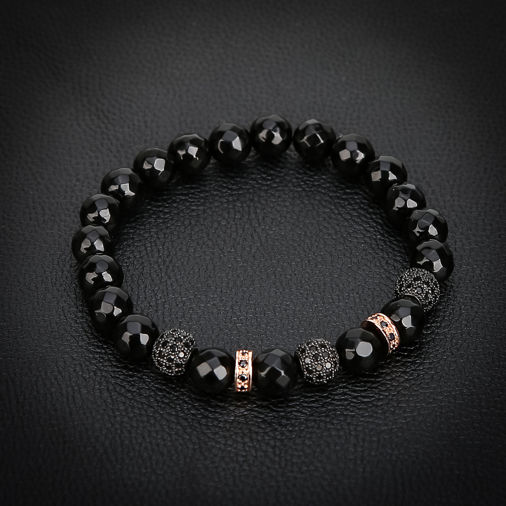 Fashion 3 Black Ball Alloy Spacer Faceted Black Agate Bracelet for Women and Men