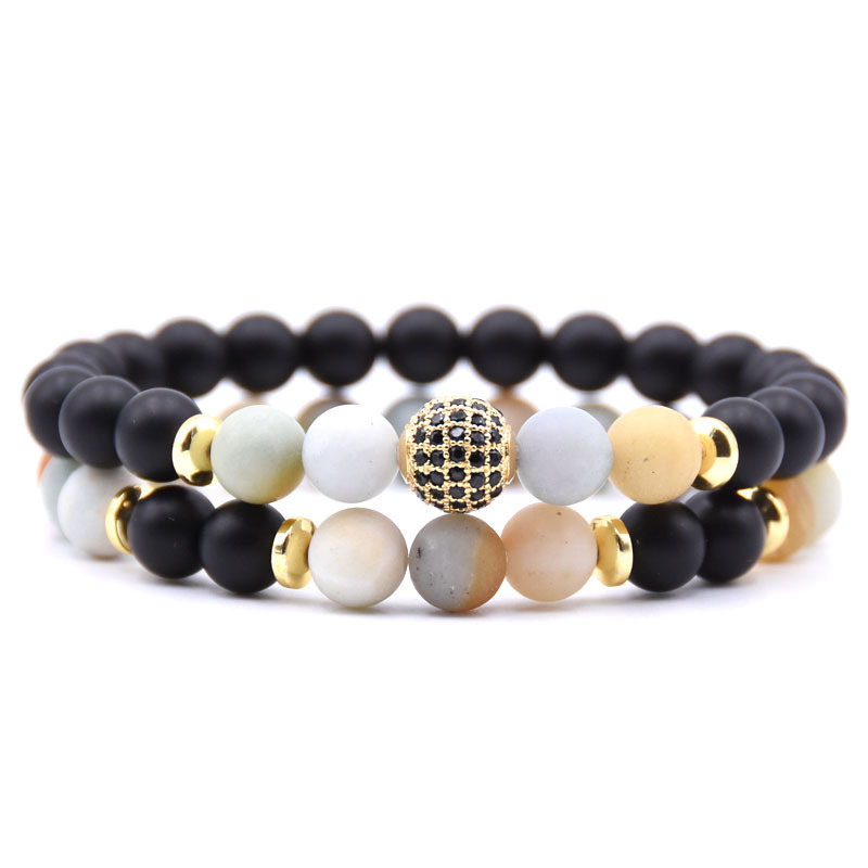 2pcs/Set Natural Matte Agate Stone Micro Pave CZ Disco Ball Charm Bracelet