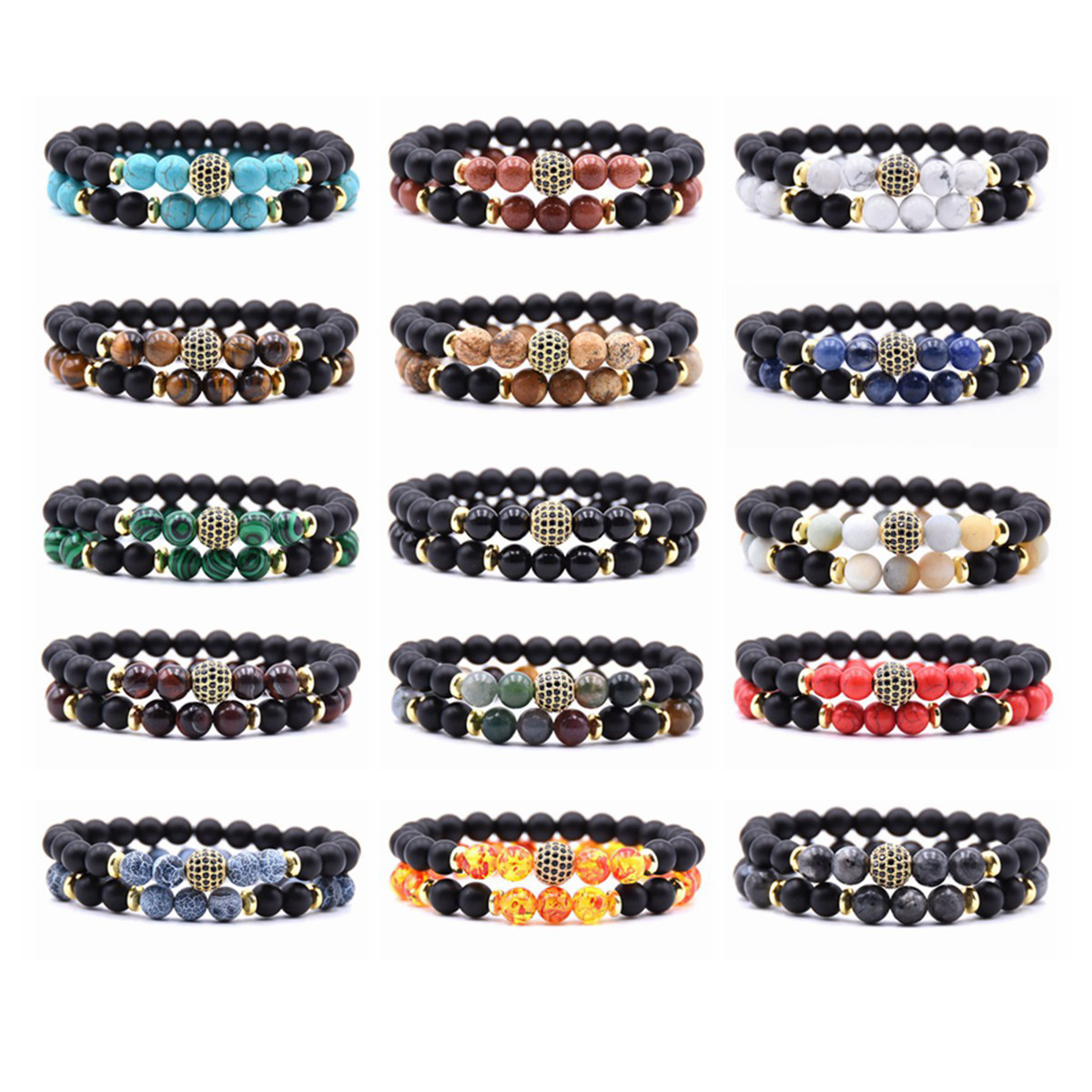 2pcs/Set Natural Matte Agate Stone Micro Pave CZ Disco Ball Charm Bracelet