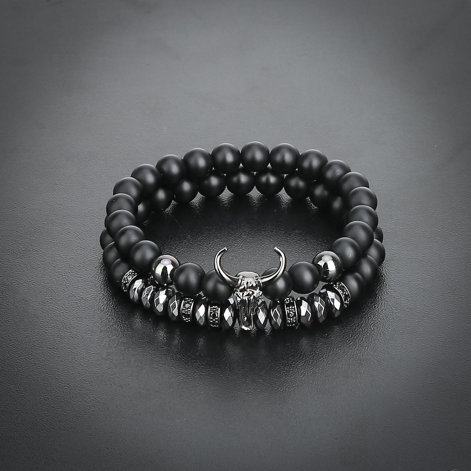 2pcs/set Matte Black Onyx Cow Head Bracelet Fashion Micro inlay zircon Jewelry