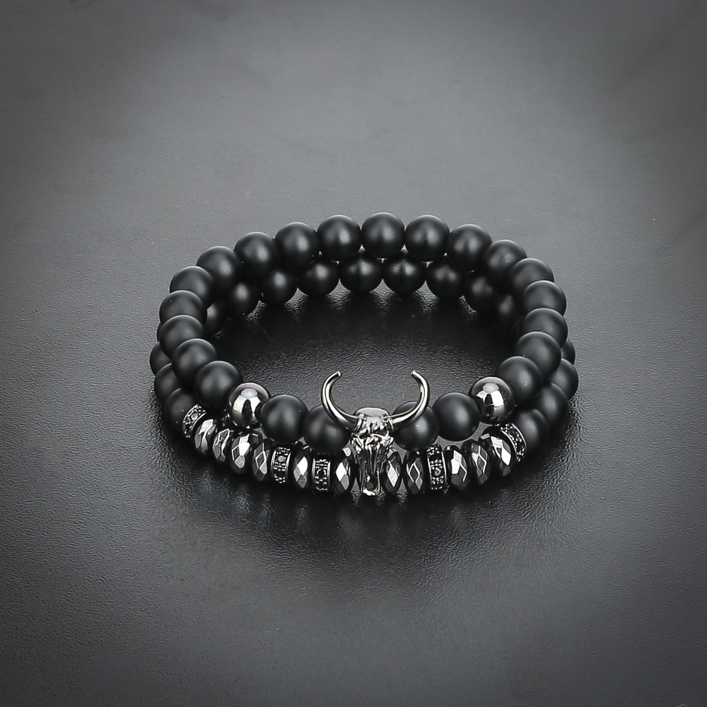 2pcs/set Matte Black Onyx Cow Head Bracelet Fashion Micro inlay zircon Jewelry