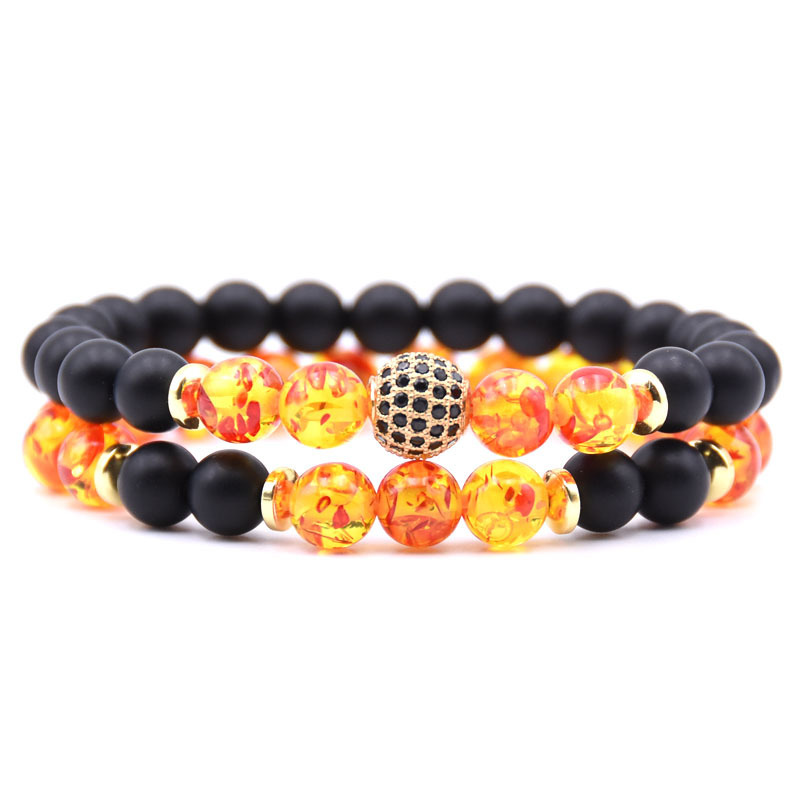 2pcs/Set Natural Matte Agate Stone Micro Pave CZ Disco Ball Charm Bracelet