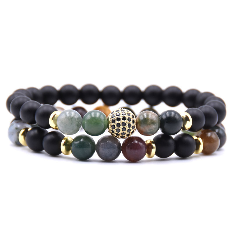 2pcs/Set Natural Matte Agate Stone Micro Pave CZ Disco Ball Charm Bracelet