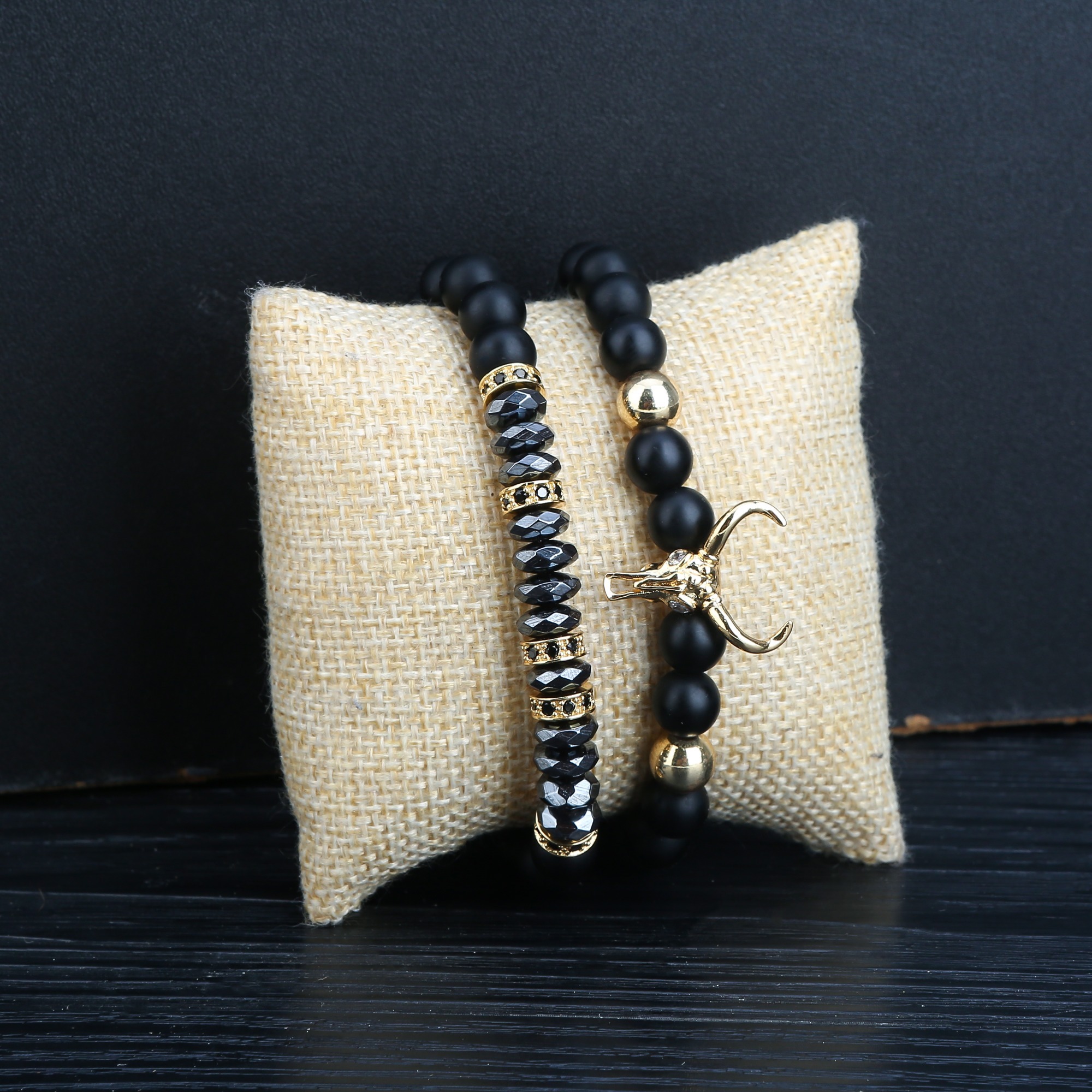 2pcs/set Matte Black Onyx Cow Head Bracelet Fashion Micro inlay zircon Jewelry