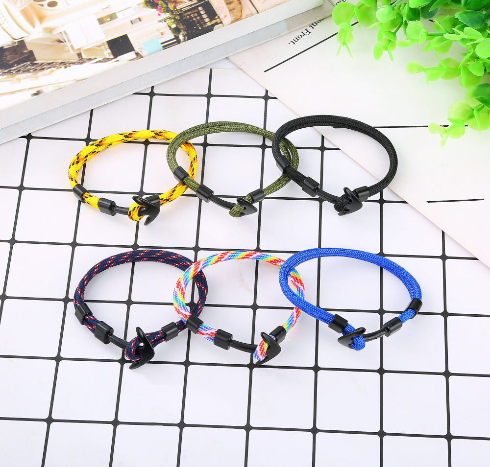 Metal Black Anchor Polyester Rope Men Surfer Army Fashion Wristband Bracelet Man Fashion Gift For Men Fashion Bracelets