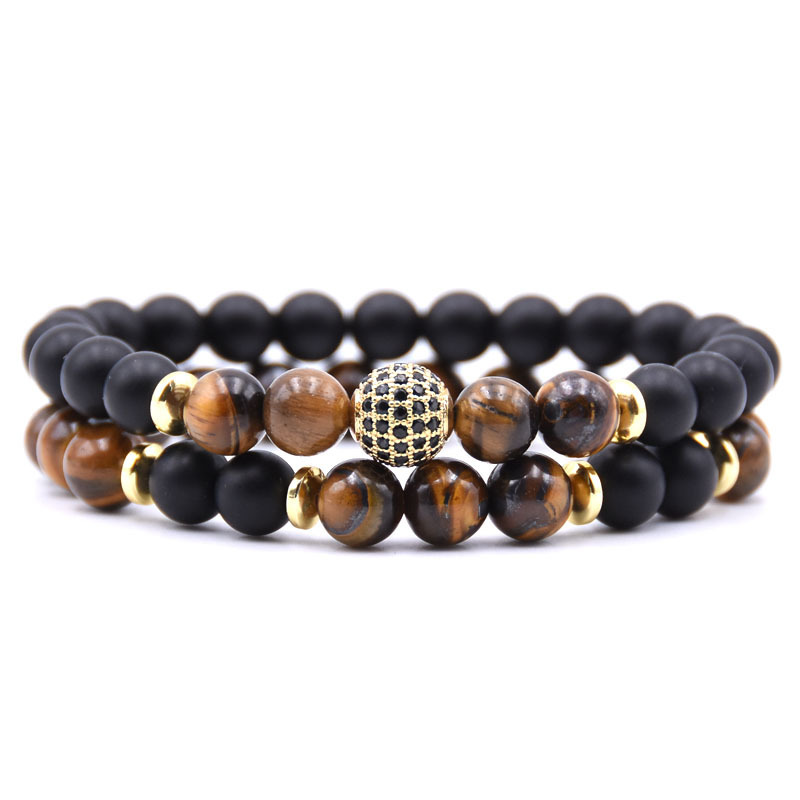 2pcs/Set Natural Matte Agate Stone Micro Pave CZ Disco Ball Charm Bracelet