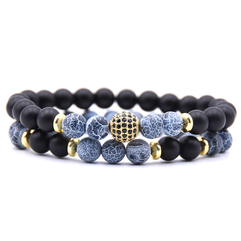 2pcs/Set Natural Matte Agate Stone Micro Pave CZ Disco Ball Charm Bracelet
