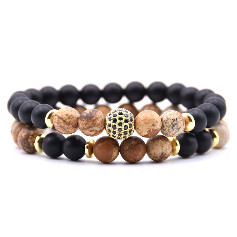 2pcs/Set Natural Matte Agate Stone Micro Pave CZ Disco Ball Charm Bracelet