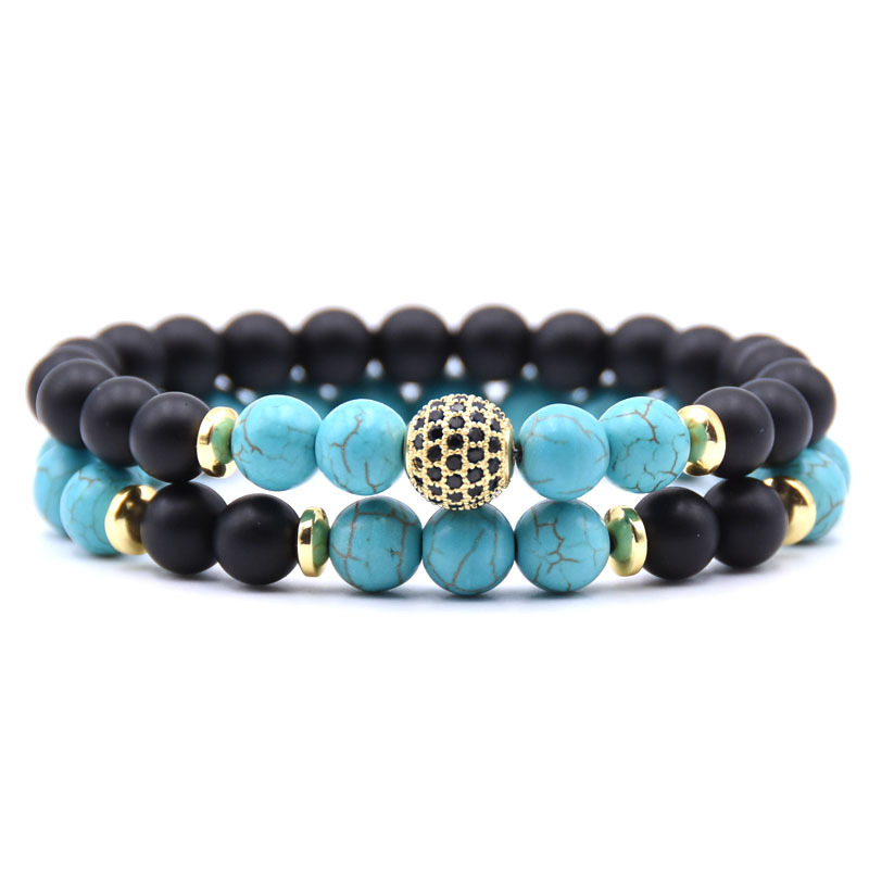2pcs/Set Natural Matte Agate Stone Micro Pave CZ Disco Ball Charm Bracelet