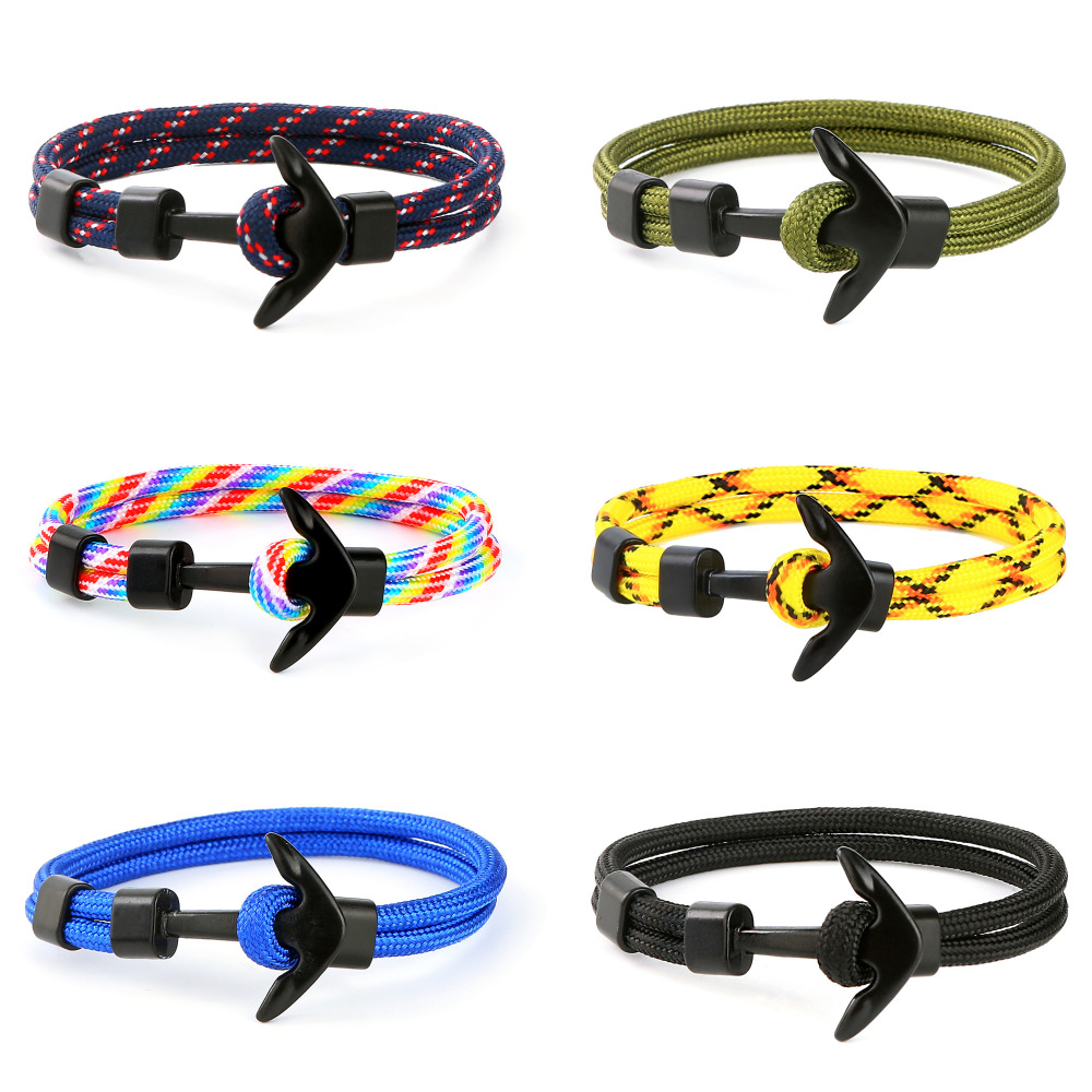 Metal Black Anchor Polyester Rope Men Surfer Army Fashion Wristband Bracelet Man Fashion Gift For Men Fashion Bracelets
