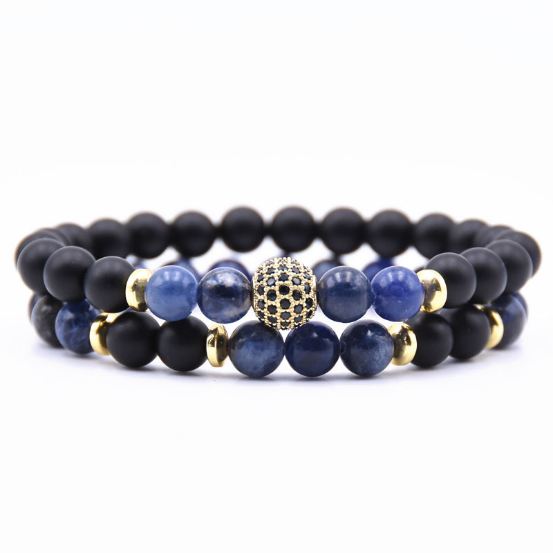 2pcs/Set Natural Matte Agate Stone Micro Pave CZ Disco Ball Charm Bracelet