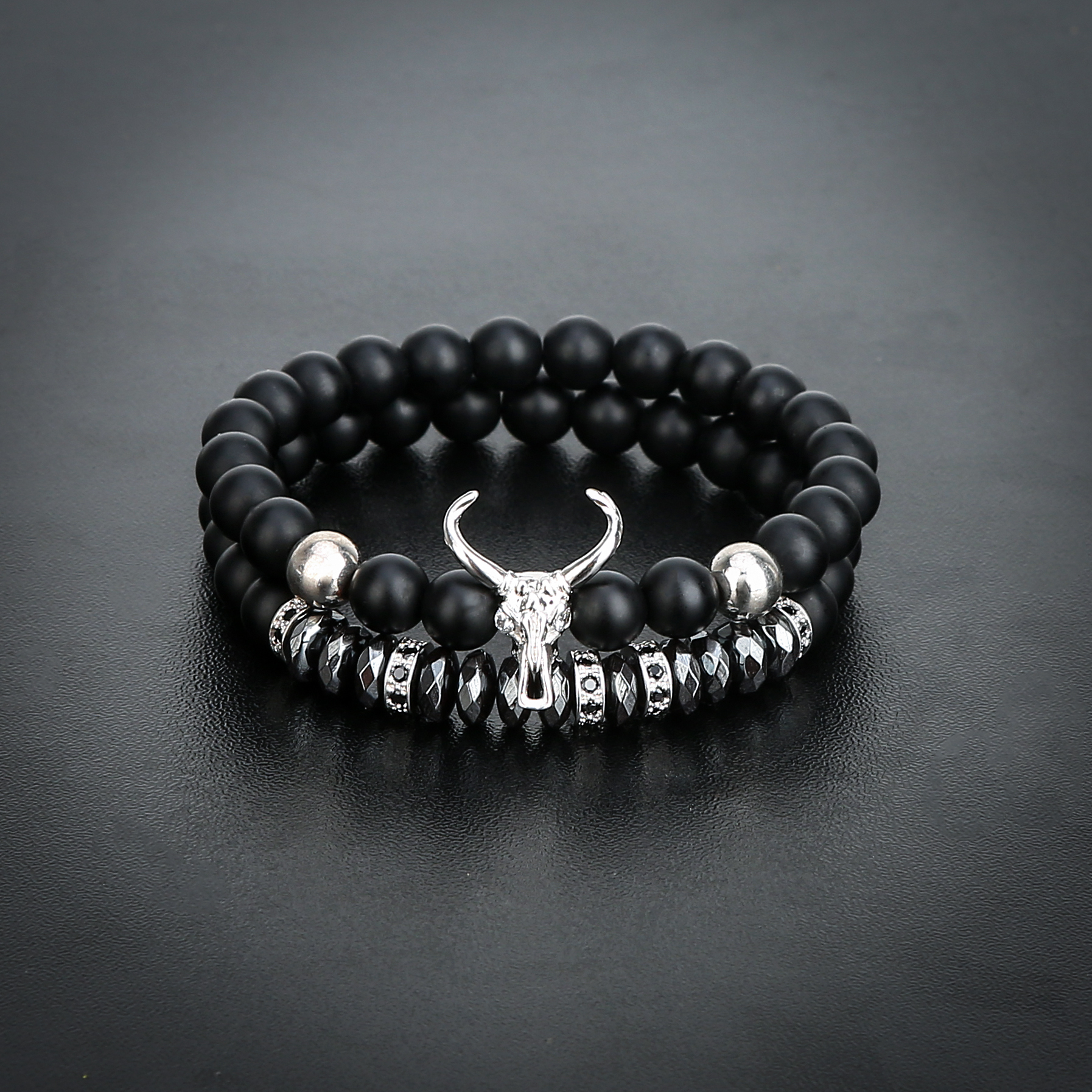 2pcs/set Matte Black Onyx Cow Head Bracelet Fashion Micro inlay zircon Jewelry