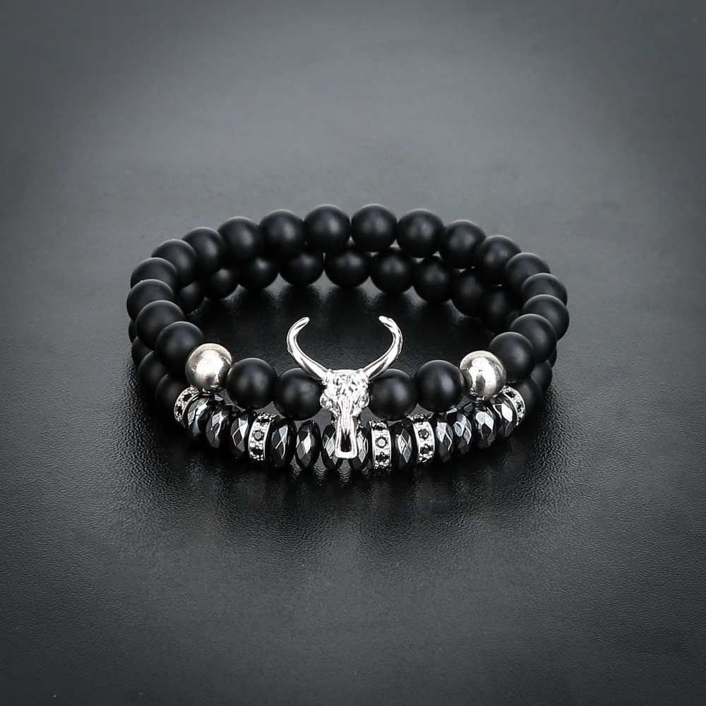 2pcs/set Matte Black Onyx Cow Head Bracelet Fashion Micro inlay zircon Jewelry