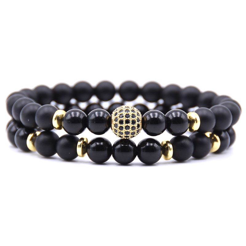 2pcs/Set Natural Matte Agate Stone Micro Pave CZ Disco Ball Charm Bracelet