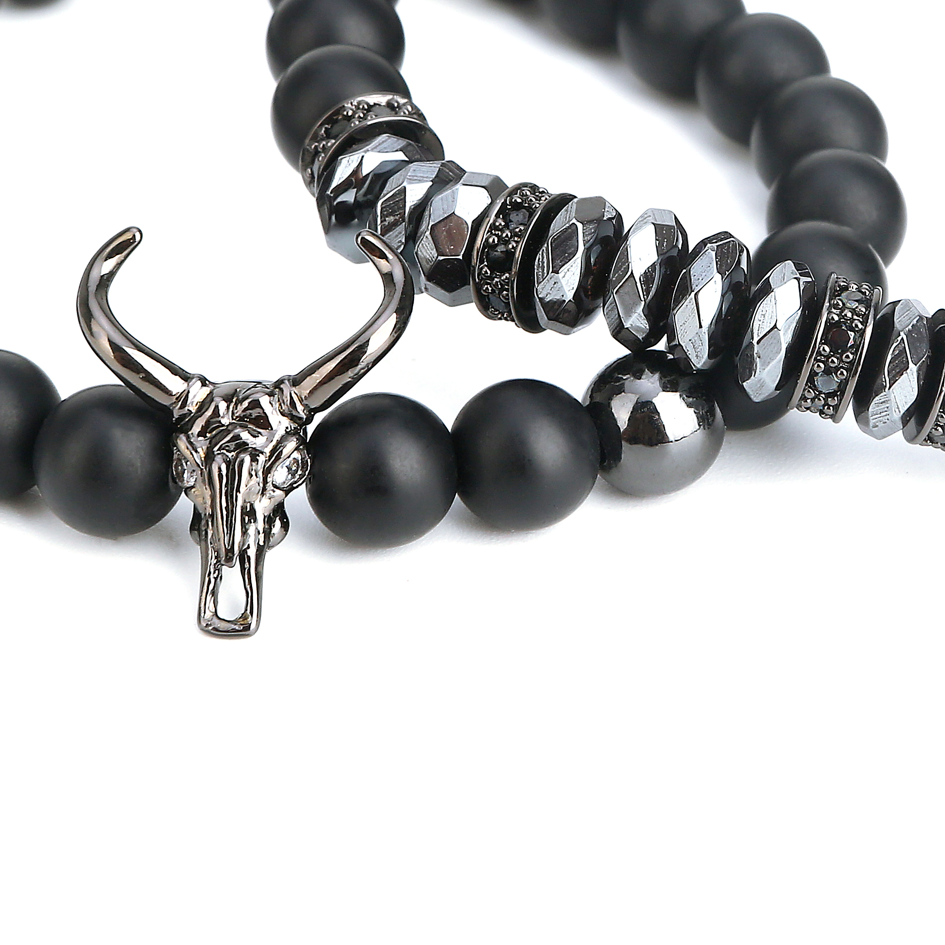 2pcs/set Matte Black Onyx Cow Head Bracelet Fashion Micro inlay zircon Jewelry