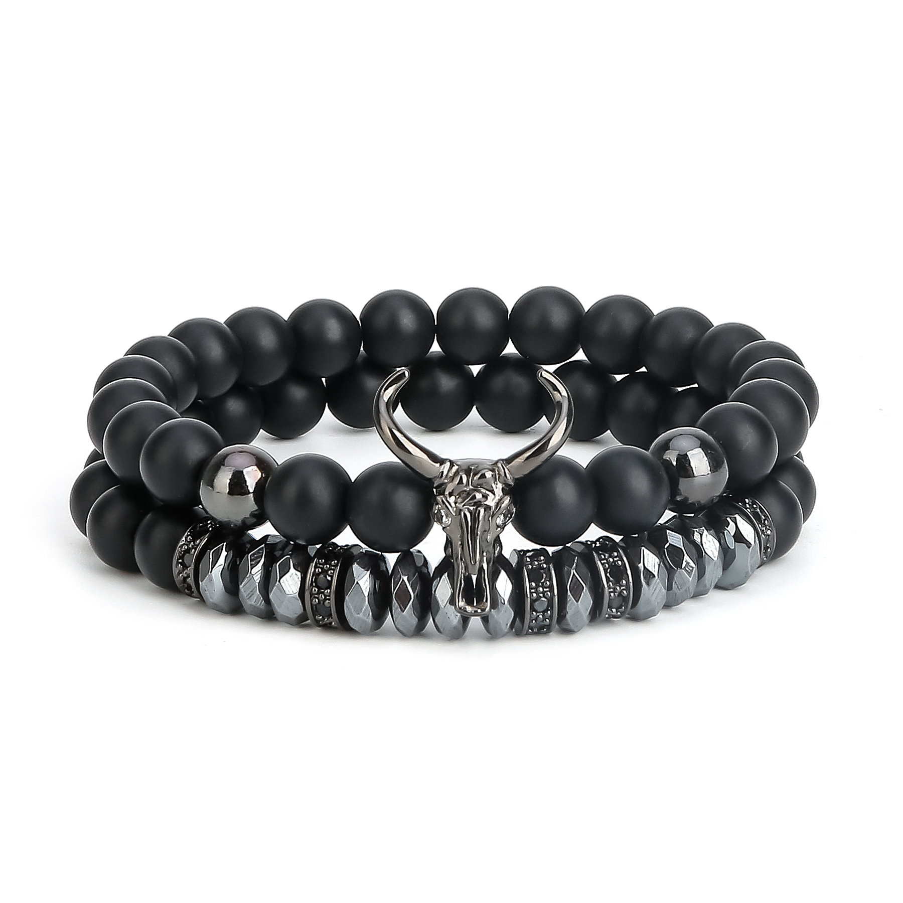 2pcs/set Matte Black Onyx Cow Head Bracelet Fashion Micro inlay zircon Jewelry