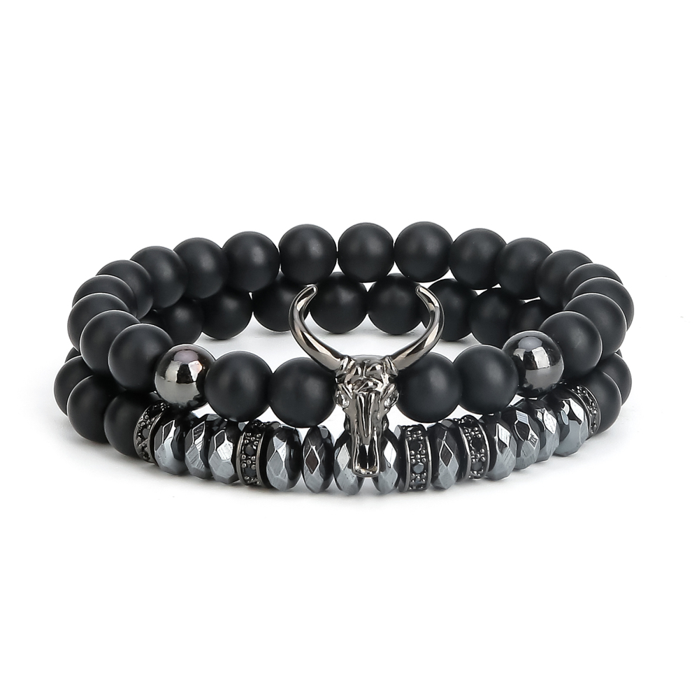 2pcs/set Matte Black Onyx Cow Head Bracelet Fashion Micro inlay zircon Jewelry