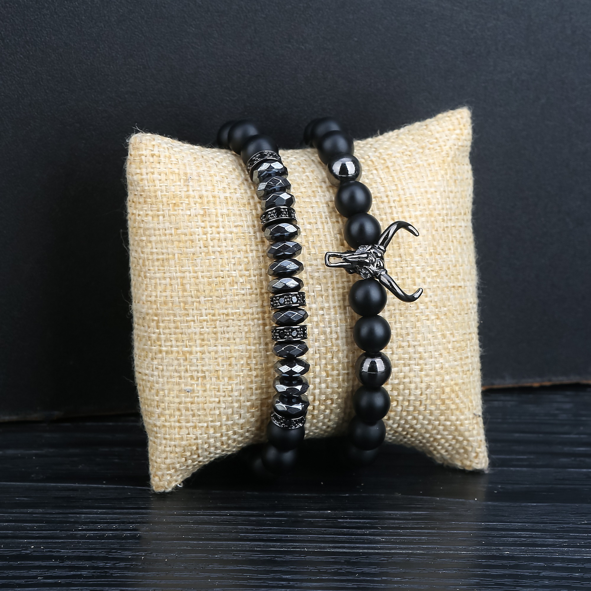 2pcs/set Matte Black Onyx Cow Head Bracelet Fashion Micro inlay zircon Jewelry