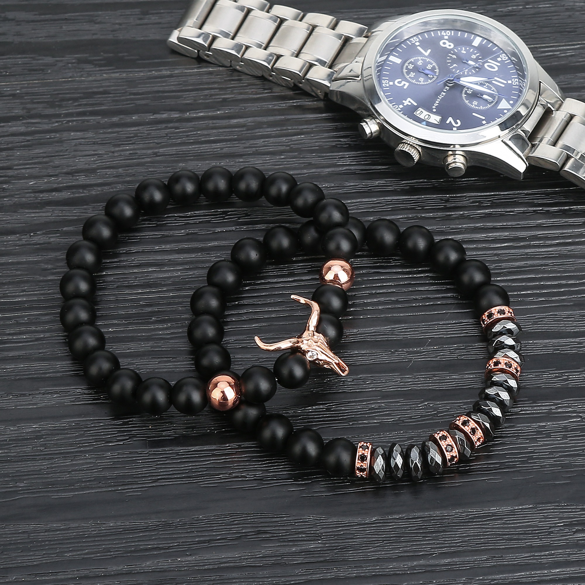 2pcs/set Matte Black Onyx Cow Head Bracelet Fashion Micro inlay zircon Jewelry