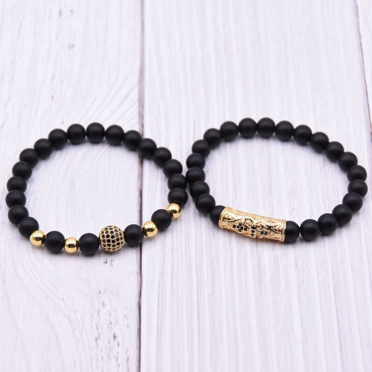 2PCS/SET Rose Gold Crown Matte Onyx Bracelet And Rose Gold Rhinestone Balls Matte Onyx Bracelet