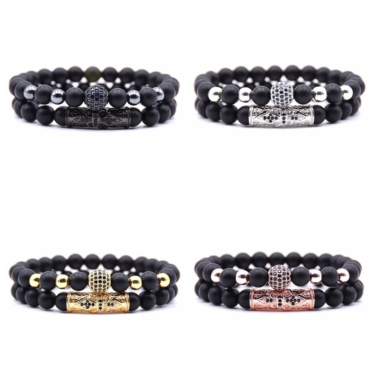 2PCS/SET Rose Gold Crown Matte Onyx Bracelet And Rose Gold Rhinestone Balls Matte Onyx Bracelet