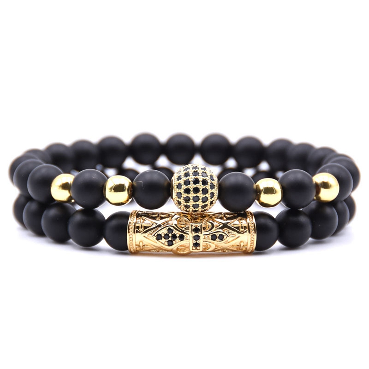 2PCS/SET Rose Gold Crown Matte Onyx Bracelet And Rose Gold Rhinestone Balls Matte Onyx Bracelet
