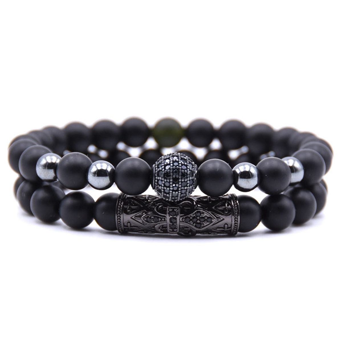 2PCS/SET Rose Gold Crown Matte Onyx Bracelet And Rose Gold Rhinestone Balls Matte Onyx Bracelet
