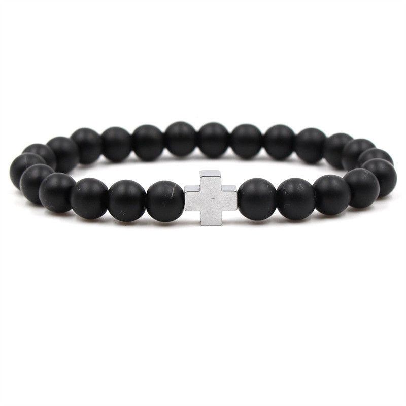 Fashion 8MM Black Matte Agate Cross Beaded Bracelet GemStone Mala Prayer Jewelry