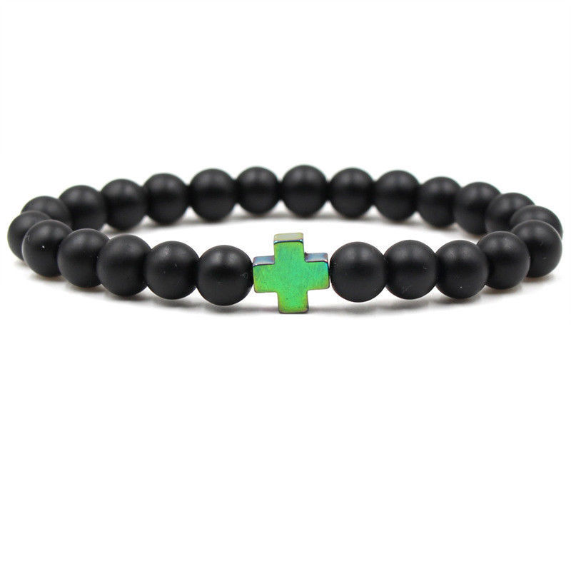Fashion 8MM Black Matte Agate Cross Beaded Bracelet GemStone Mala Prayer Jewelry