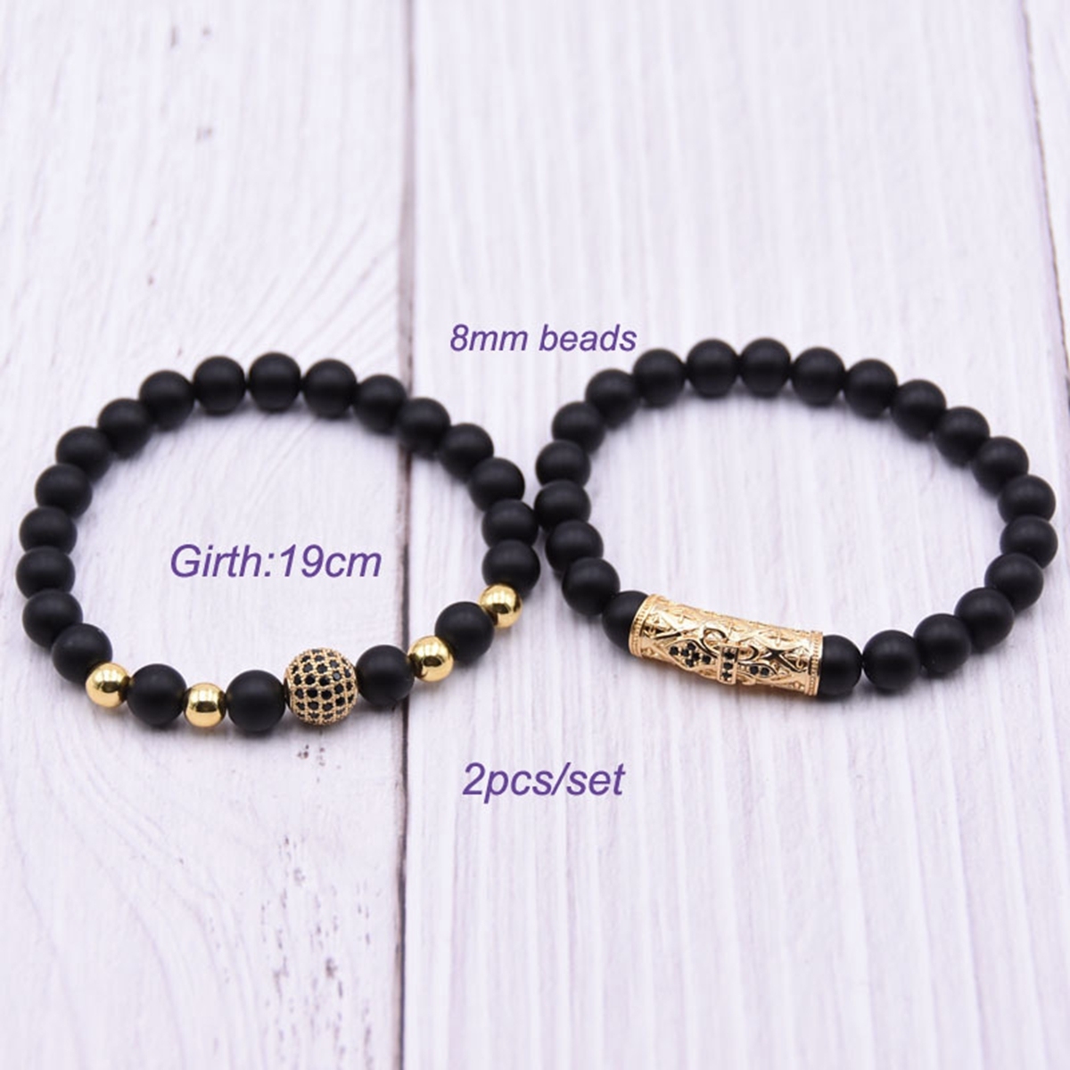 2PCS/SET Rose Gold Crown Matte Onyx Bracelet And Rose Gold Rhinestone Balls Matte Onyx Bracelet