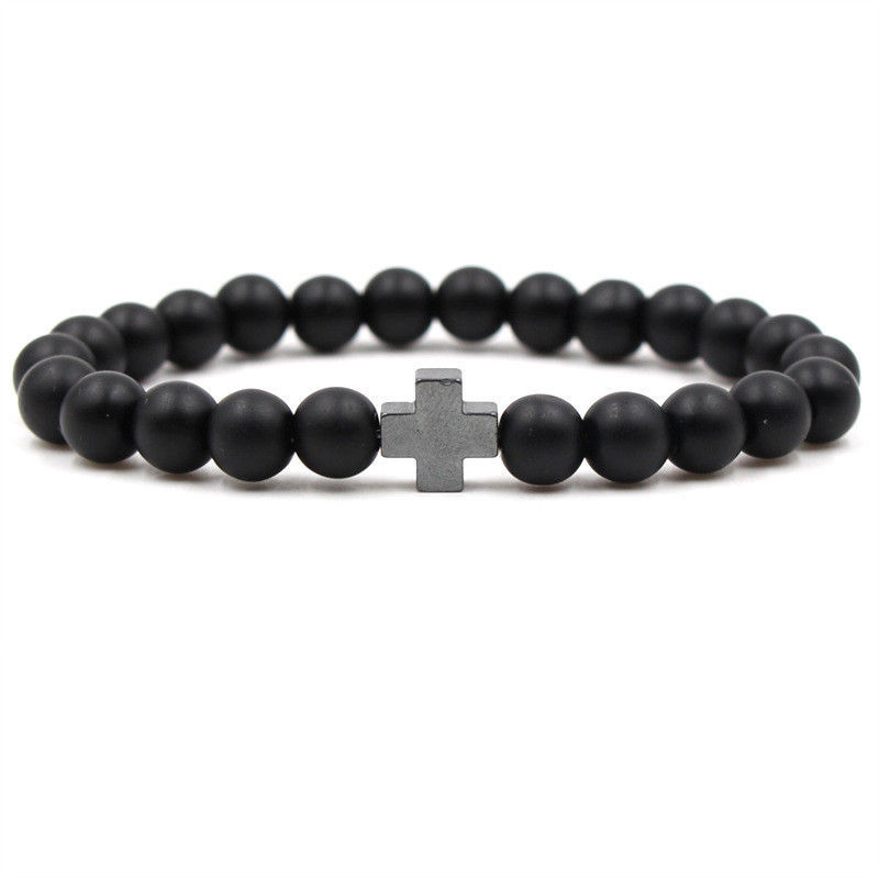 Fashion 8MM Black Matte Agate Cross Beaded Bracelet GemStone Mala Prayer Jewelry