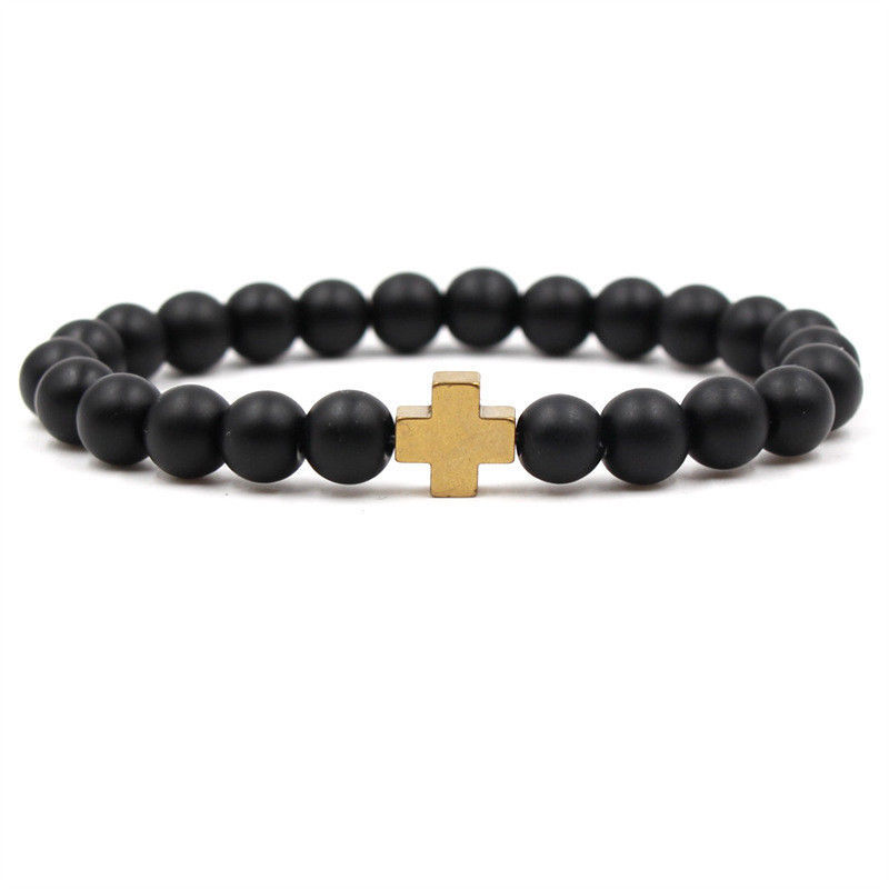 Fashion 8MM Black Matte Agate Cross Beaded Bracelet GemStone Mala Prayer Jewelry