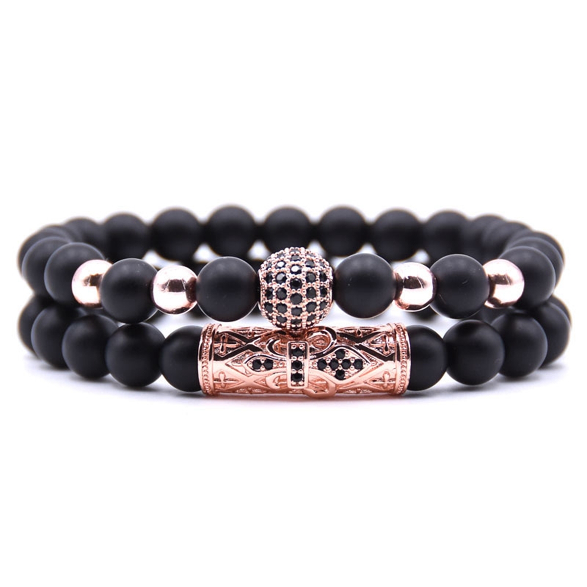 2PCS/SET Rose Gold Crown Matte Onyx Bracelet And Rose Gold Rhinestone Balls Matte Onyx Bracelet