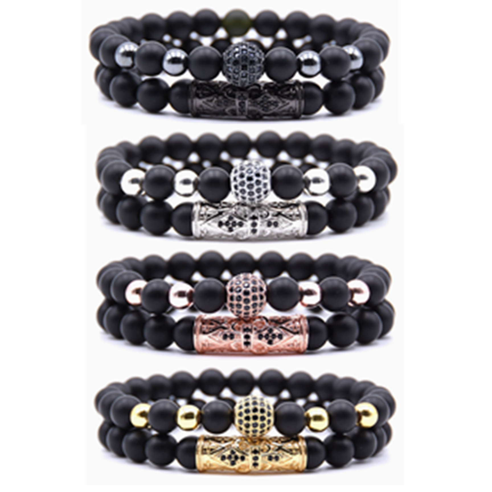 2PCS/SET Rose Gold Crown Matte Onyx Bracelet And Rose Gold Rhinestone Balls Matte Onyx Bracelet